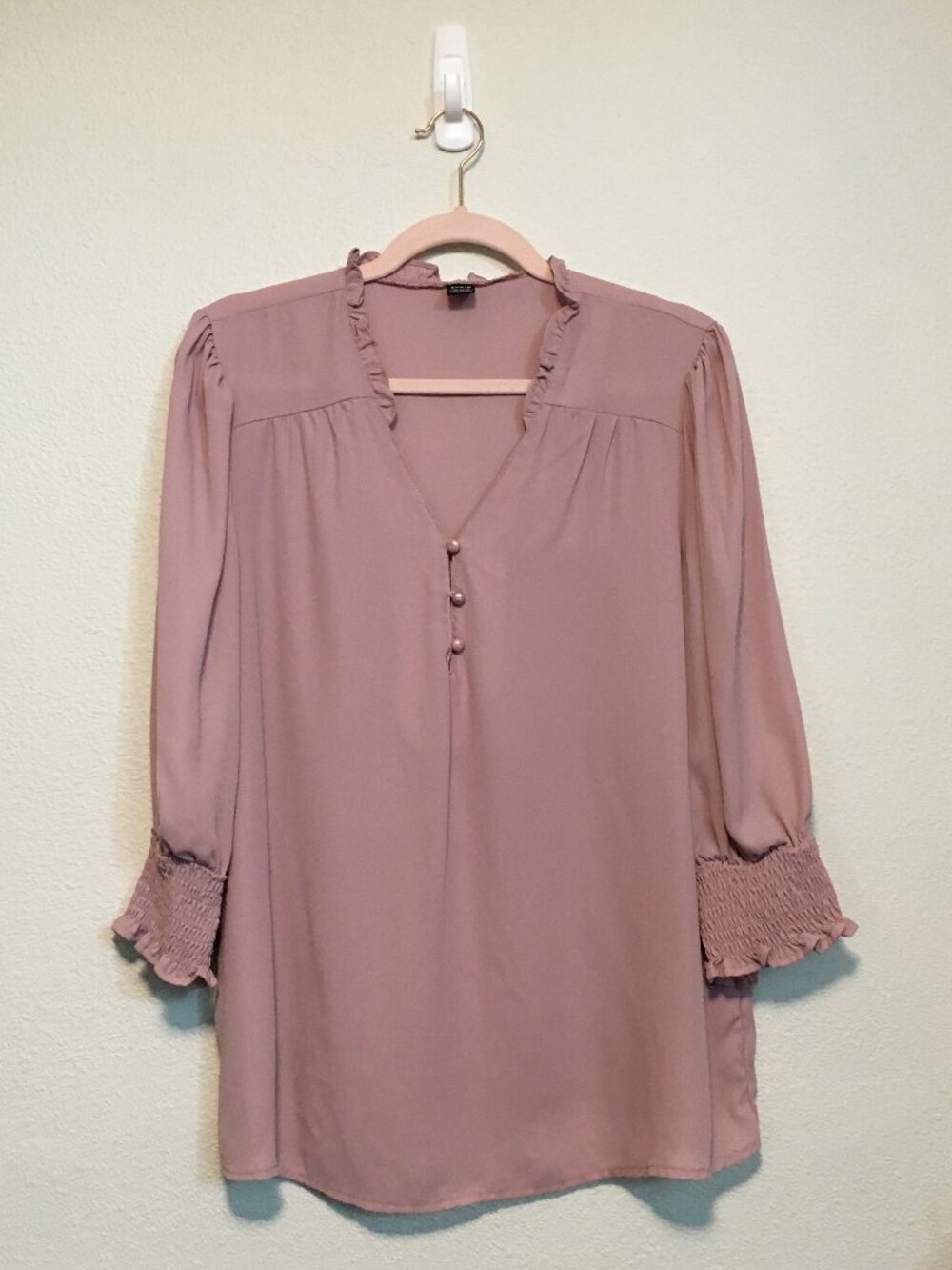 Women's Notch Neck Dusty Rose Puff Sleeve Blouse, 3/4 Sleeves Size XL Trendy